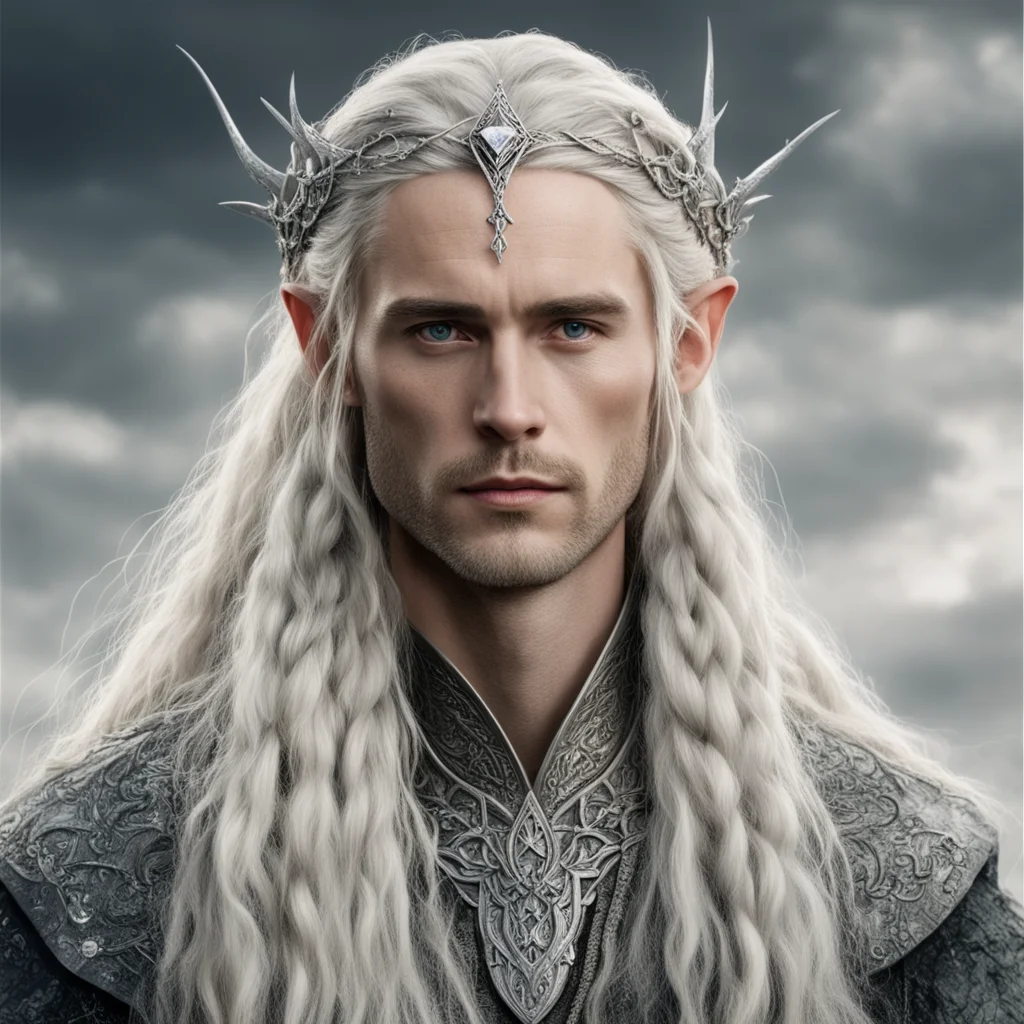 tolkien king oropher with blond hair and braids with silver diamond studded elvish hair pins and silver elvish circlet with large center diamond good looking trending fantastic 1