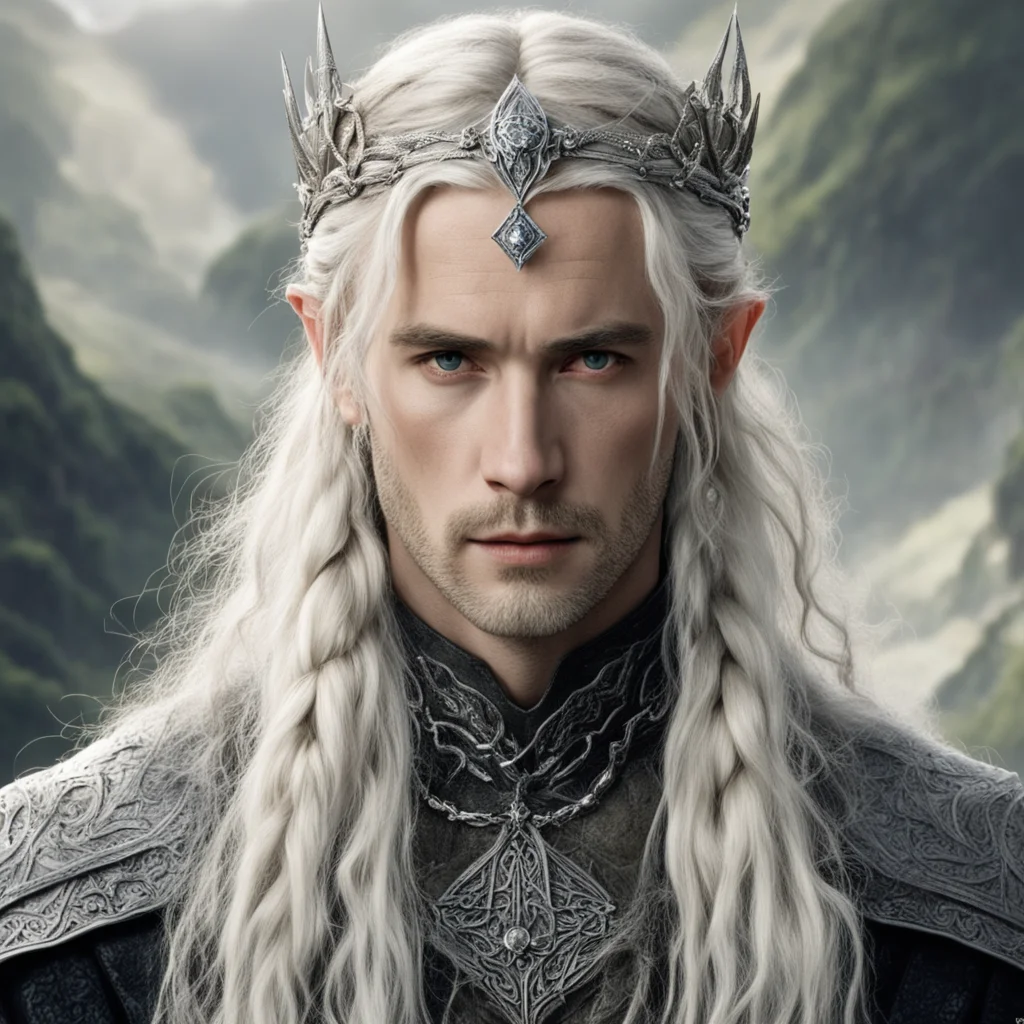 aitolkien king oropher with blond hair and braids with silver diamond studded elvish hair pins and silver elvish circlet with large center diamond
