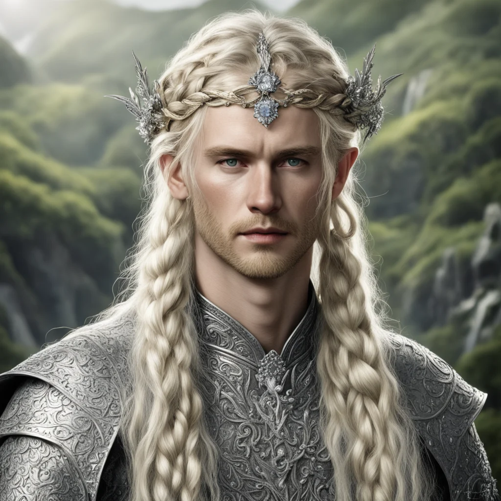 tolkien king oropher with blond hair with braids wearing silver flower elvish circlet encrusted with diamonds good looking trending fantastic 1
