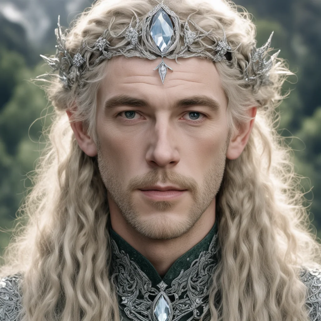 tolkien king oropher with blond hair with braids wearing silver flower elvish circlet encrusted with diamonds with large center diamond  confident engaging wow artstation art 3