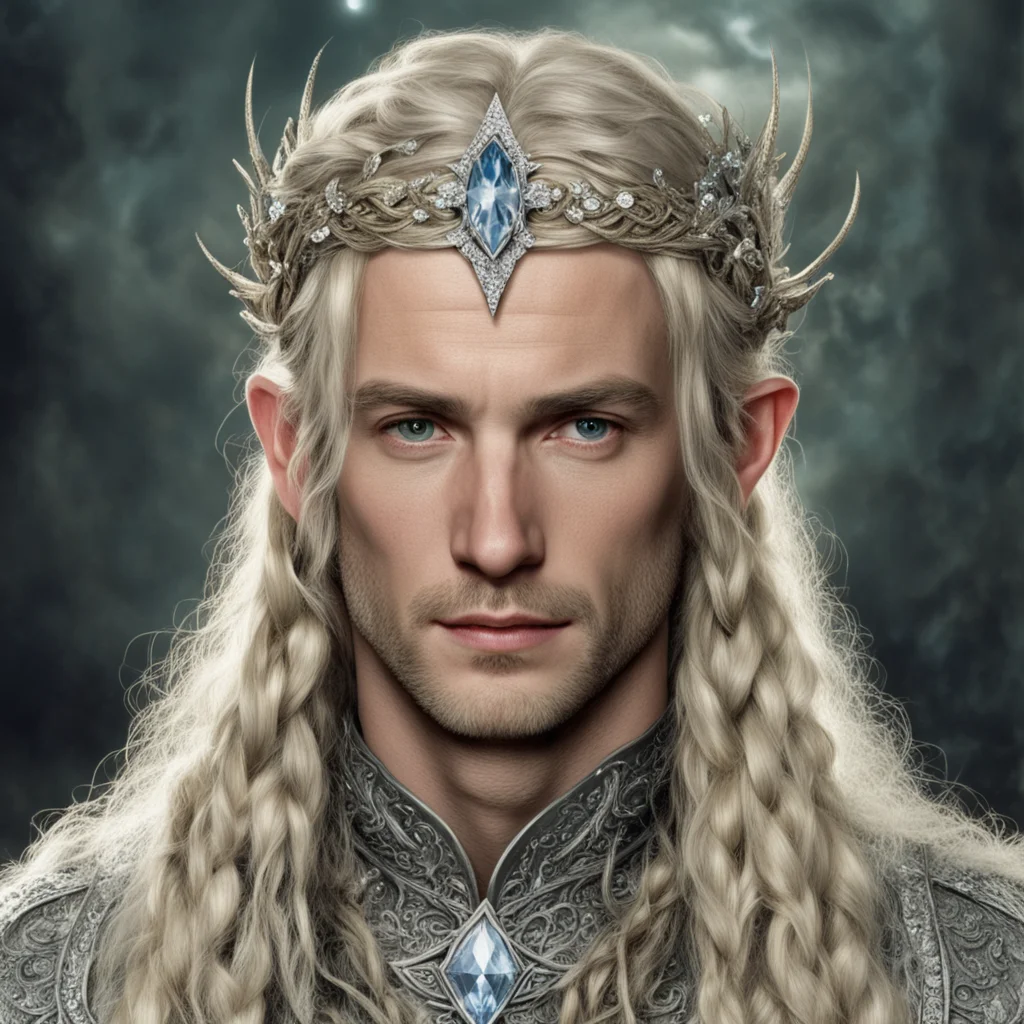tolkien king oropher with blond hair with braids wearing silver flower elvish circlet encrusted with diamonds with large center diamond  good looking trending fantastic 1