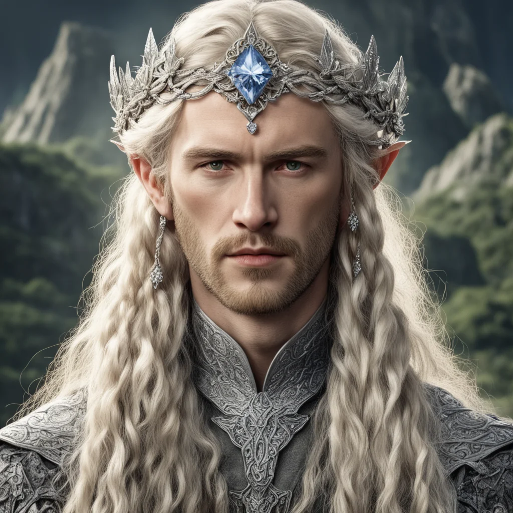 tolkien king oropher with blond hair with braids wearing silver flower elvish circlet encrusted with diamonds with large center diamond 