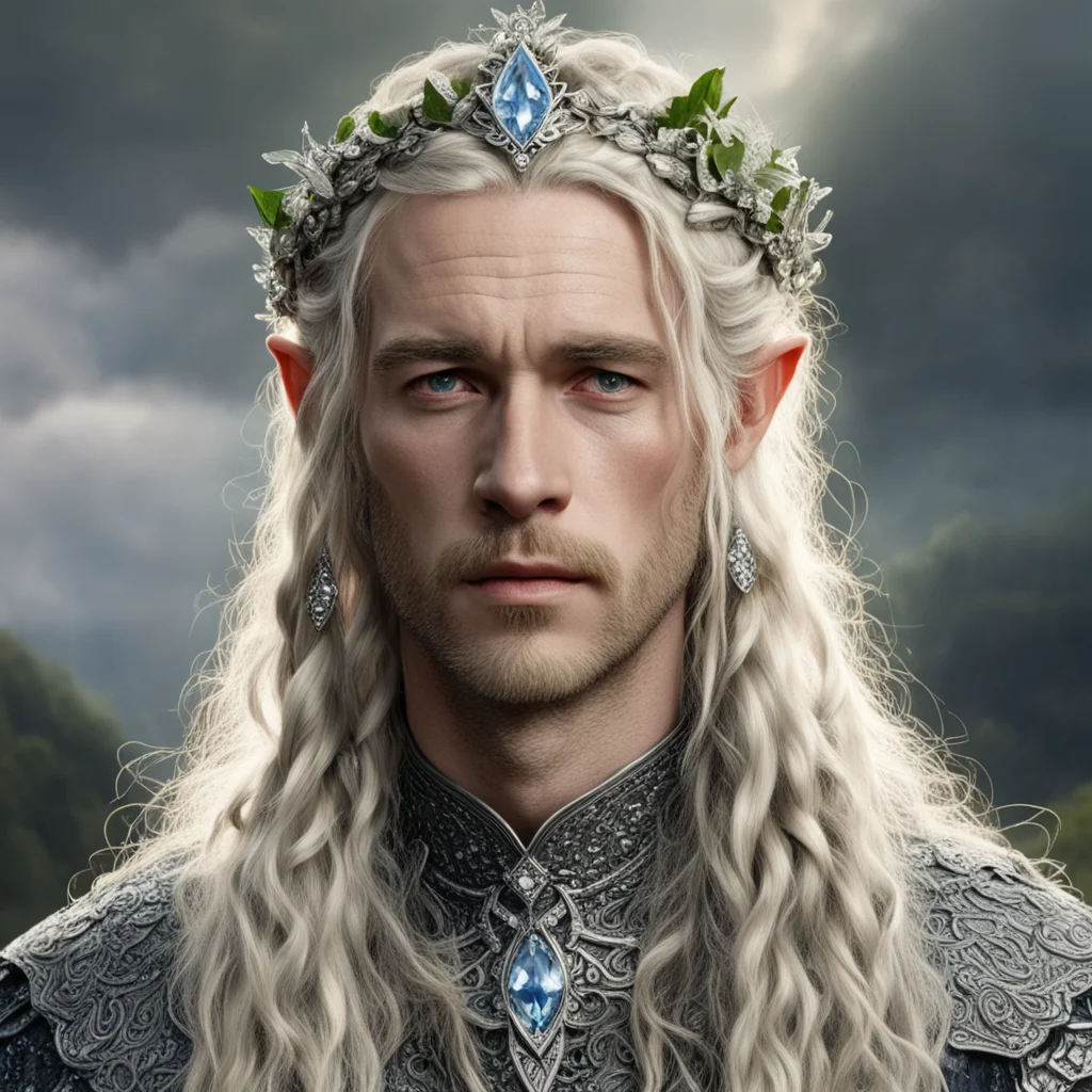 tolkien king oropher with blond hair with braids wearing silver flower elvish circlet encrusted with diamonds