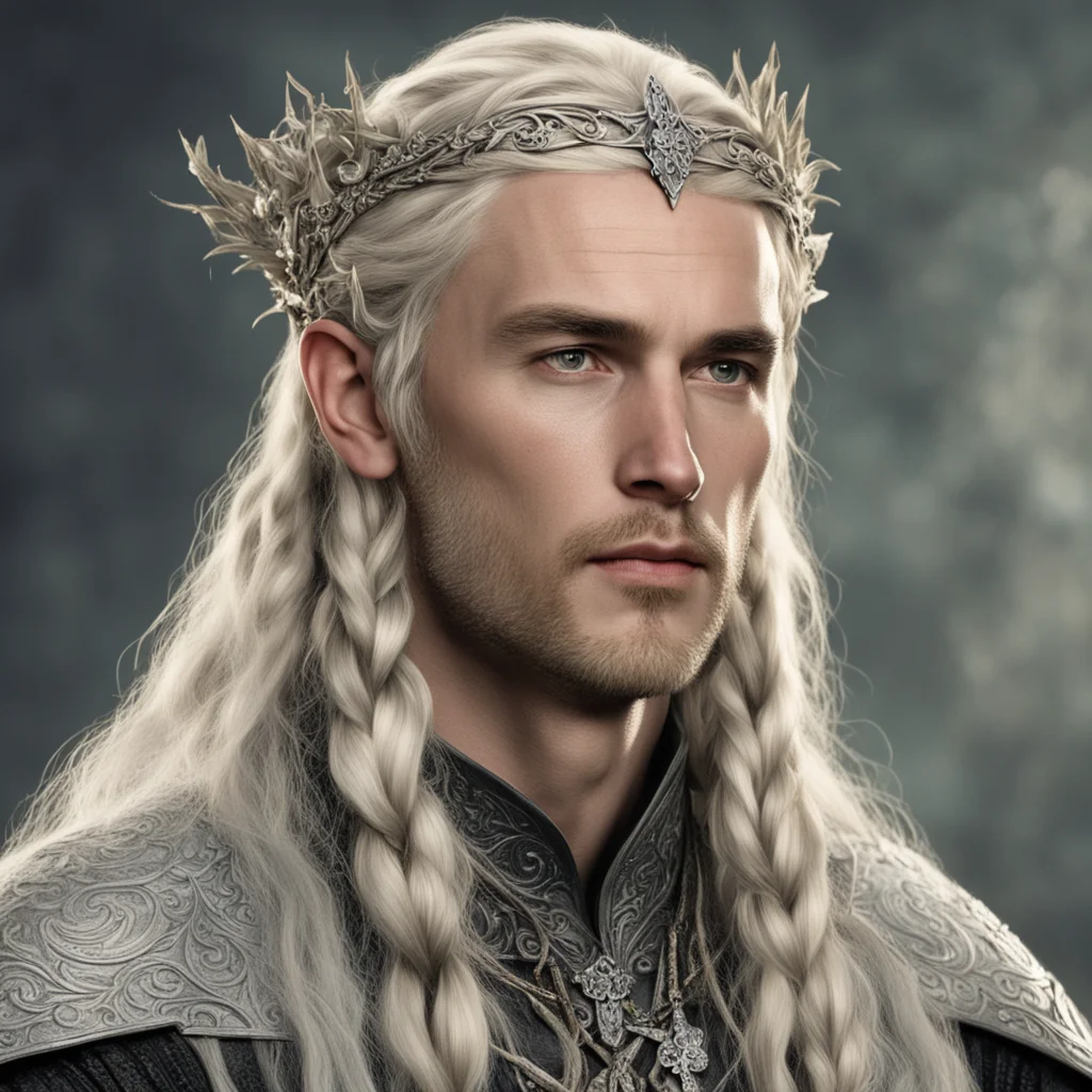tolkien king oropher with blond hair with braids wearing silver flower elvish circlet with diamonds confident engaging wow artstation art 3