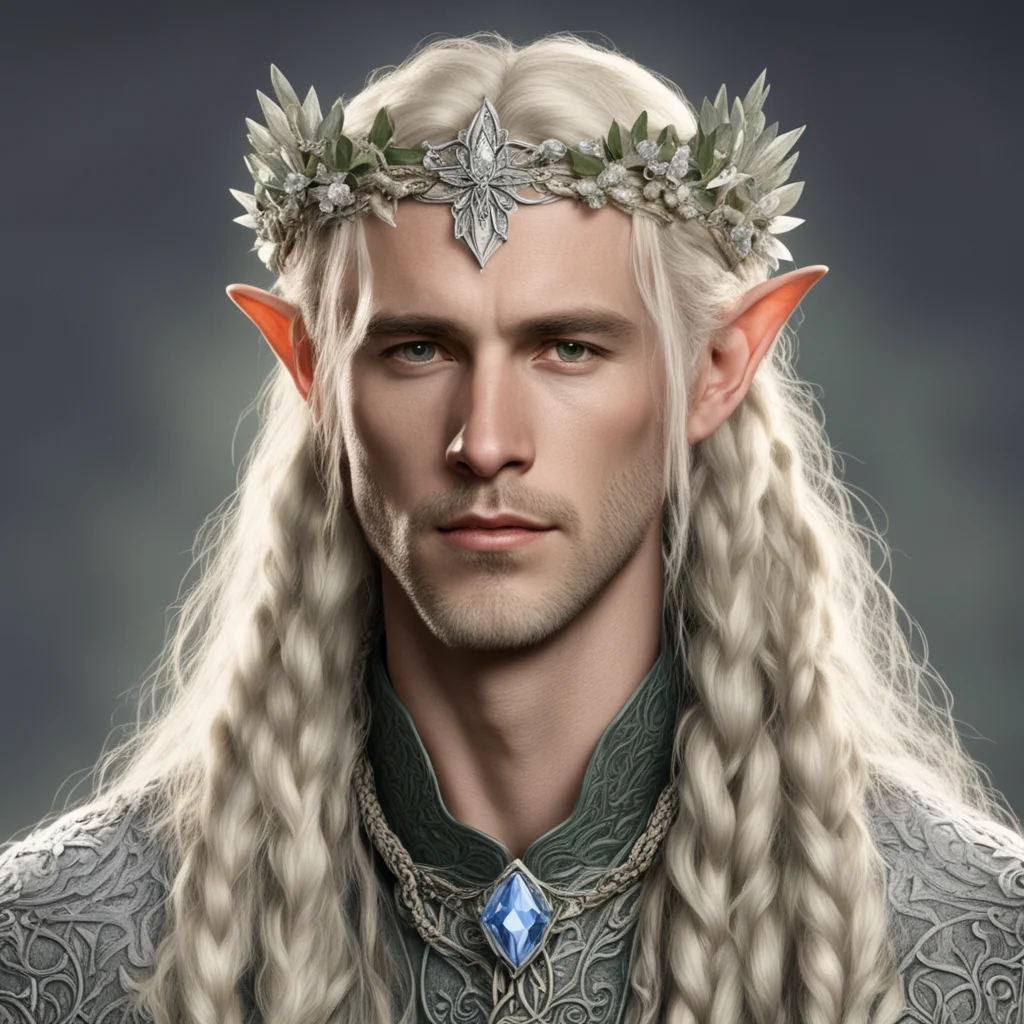 tolkien king oropher with blond hair with braids wearing silver flower elvish circlet with large diamond accent good looking trending fantastic 1