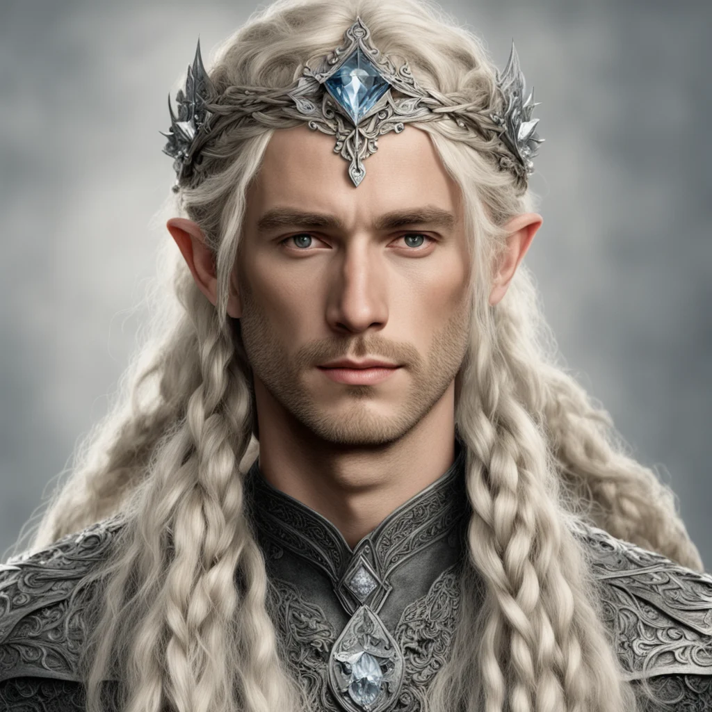 tolkien king oropher with blond hair with braids wearing silver flower elvish circlet with large diamond accent
