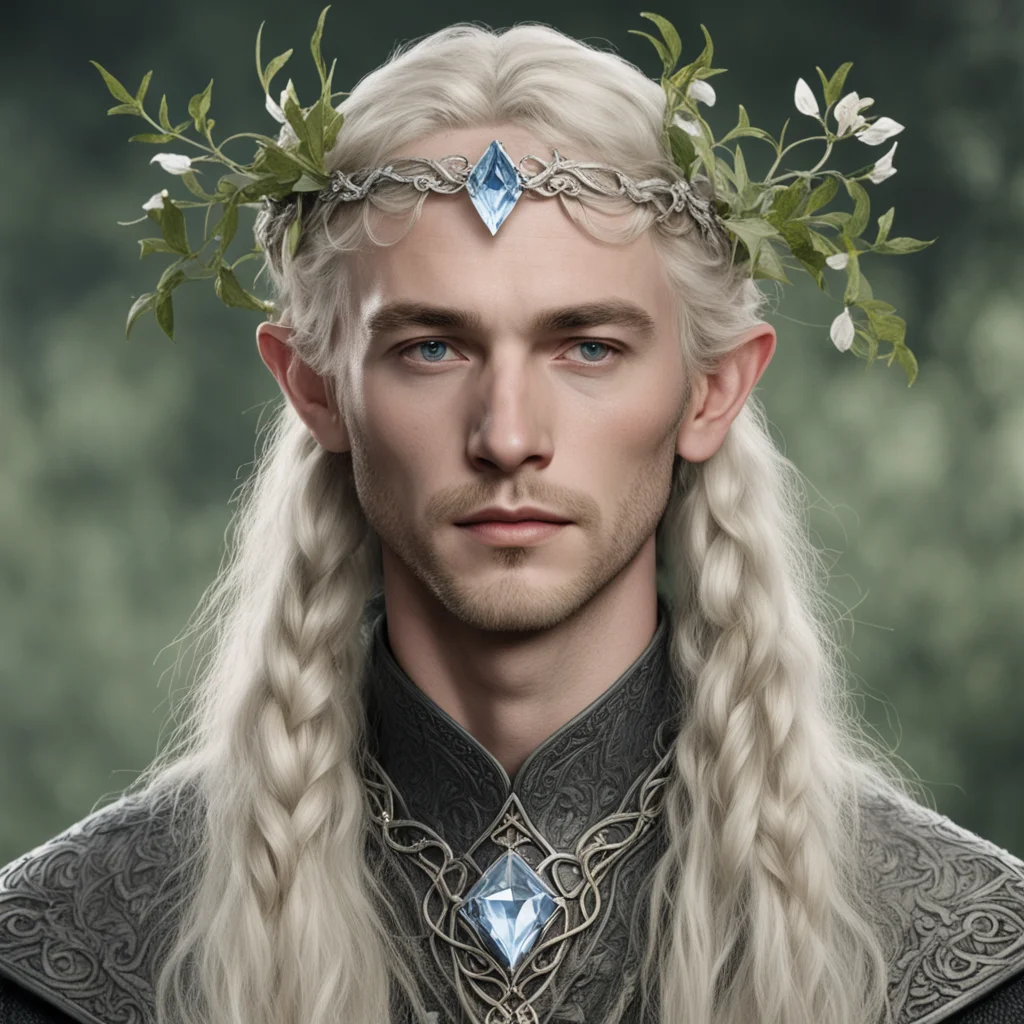 tolkien king oropher with blond hair with braids wearing silver flower vine elvish circlet with large diamond good looking trending fantastic 1