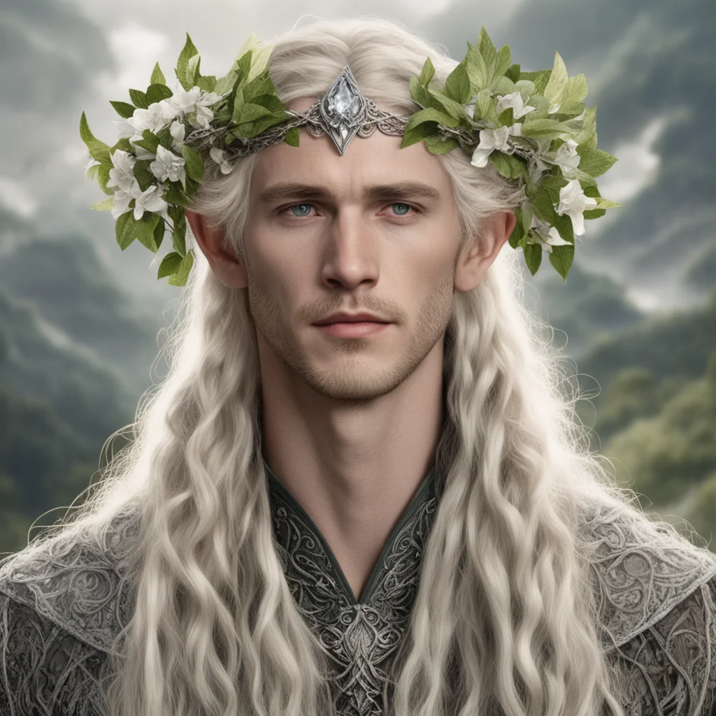 tolkien king oropher with blond hair with braids wearing silver flower vine elvish circlet with large diamond