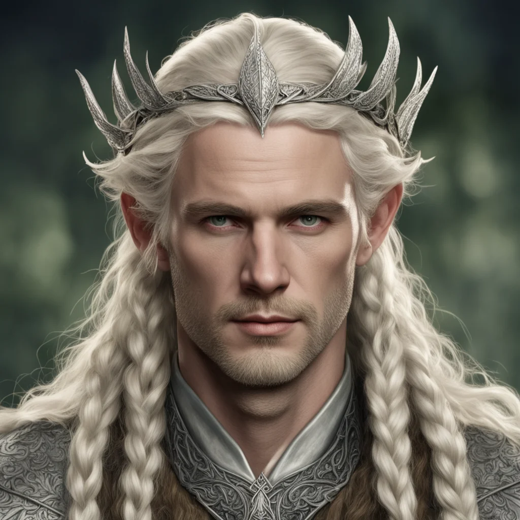 aitolkien king oropher with blond hair with braids wearing silver laurel leaf elven circlet with diamonds good looking trending fantastic 1