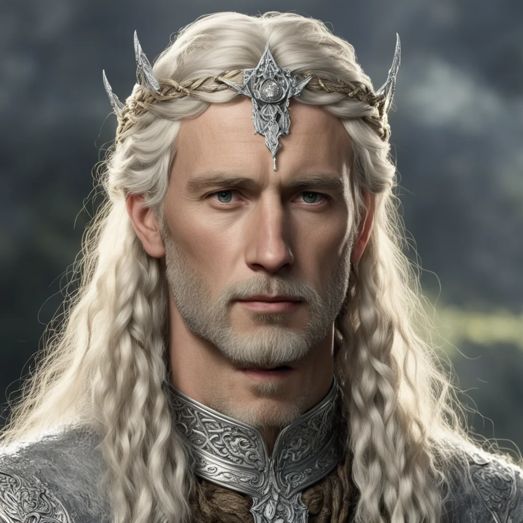 tolkien king oropher with blond hair with braids wearing silver leaf circlet with diamonds amazing awesome portrait 2