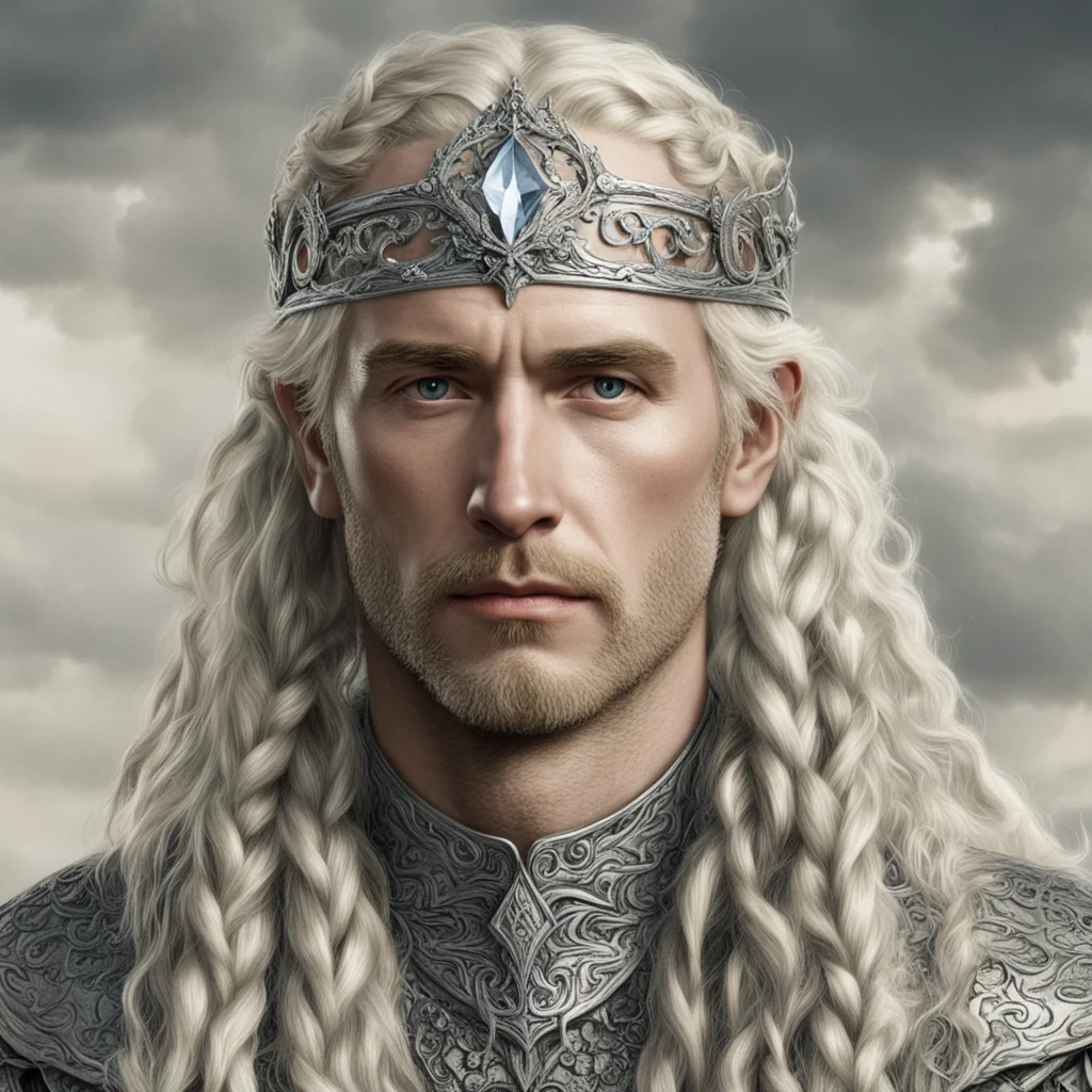 tolkien king oropher with blond hair with braids wearing silver leaf circlet with diamonds good looking trending fantastic 1