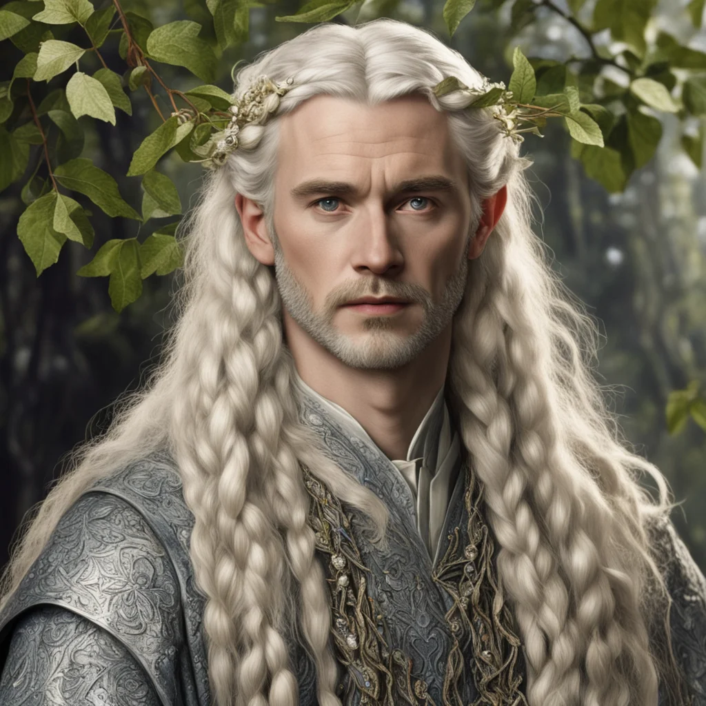 tolkien king oropher with blond hair with braids wearing silver leaves and diamond berries confident engaging wow artstation art 3