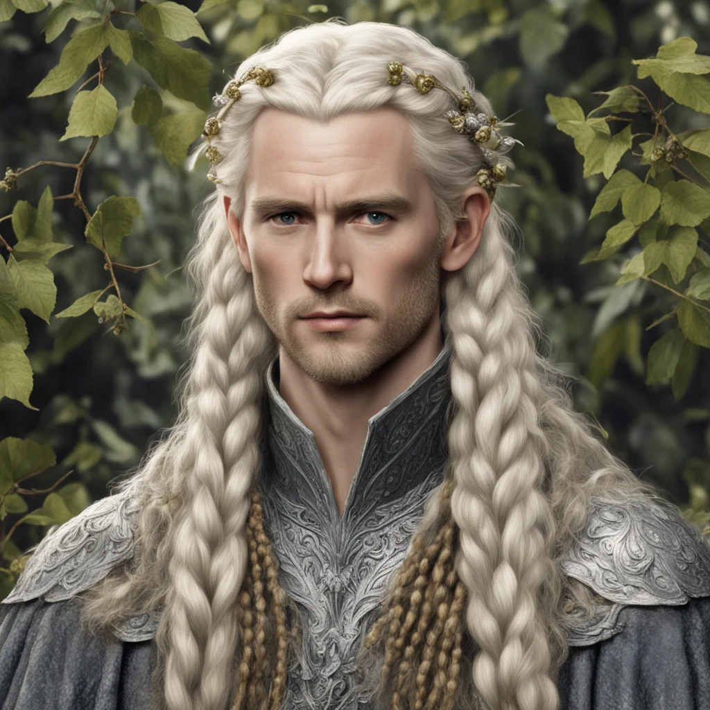 tolkien king oropher with blond hair with braids wearing silver leaves and diamond berries good looking trending fantastic 1