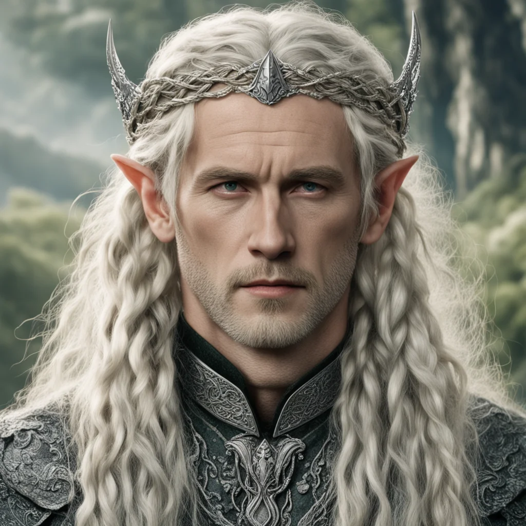 tolkien king oropher with blond hair with braids wearing silver serpentine elvish circlet encrusted with diamonds