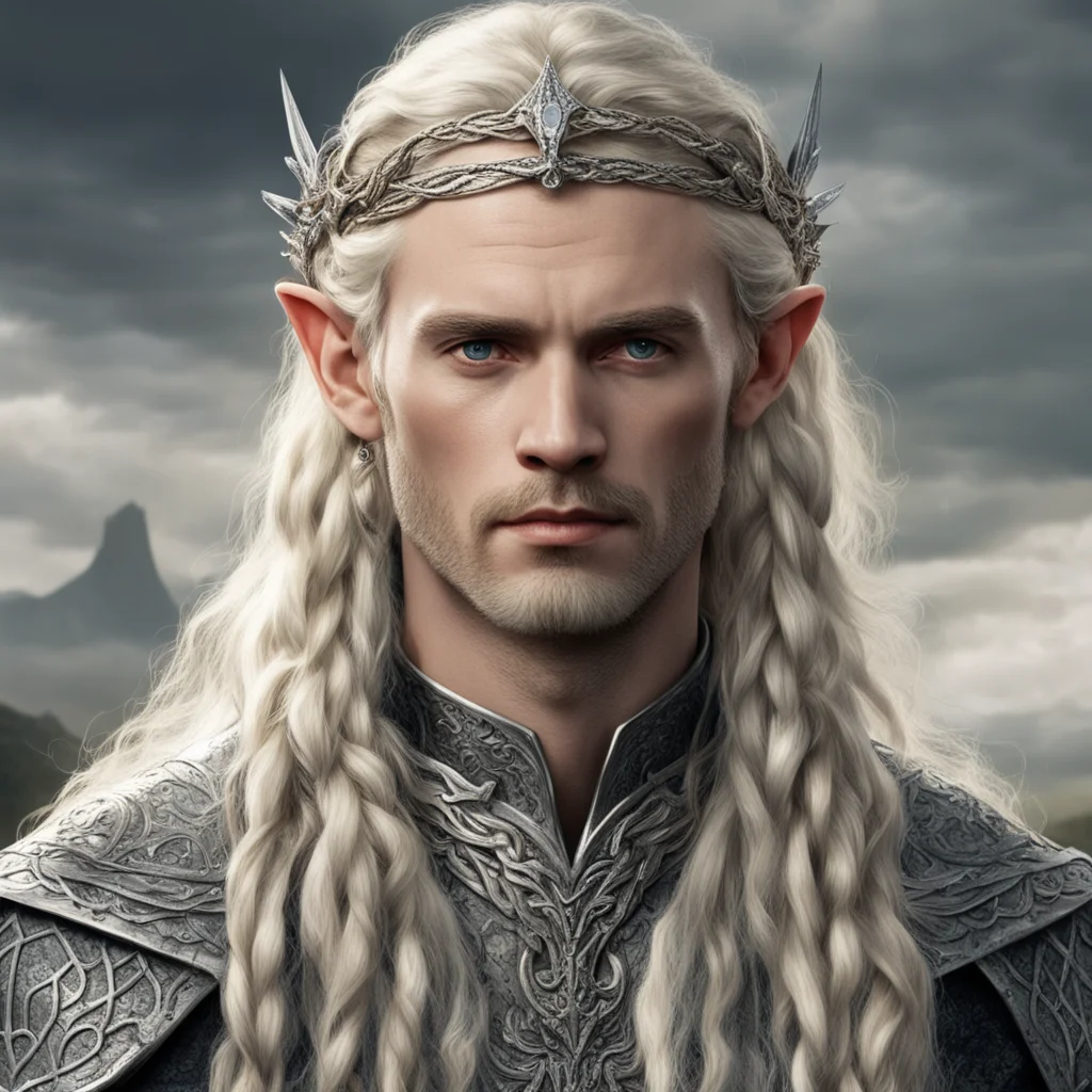 tolkien king oropher with blond hair with braids wearing silver snake elven circlet with diamonds
