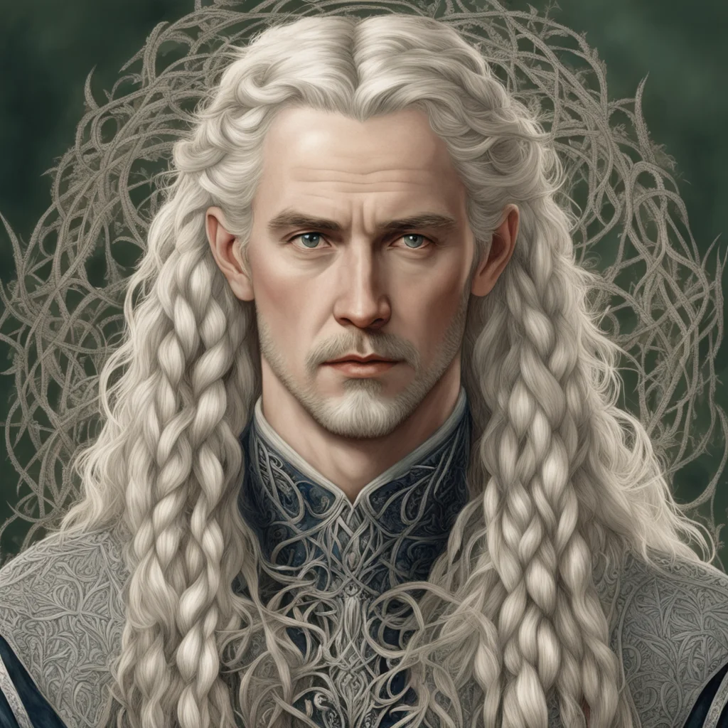 tolkien king oropher with blond hair with braids wearing silver thorn vines intertwined with diamond rosettes 