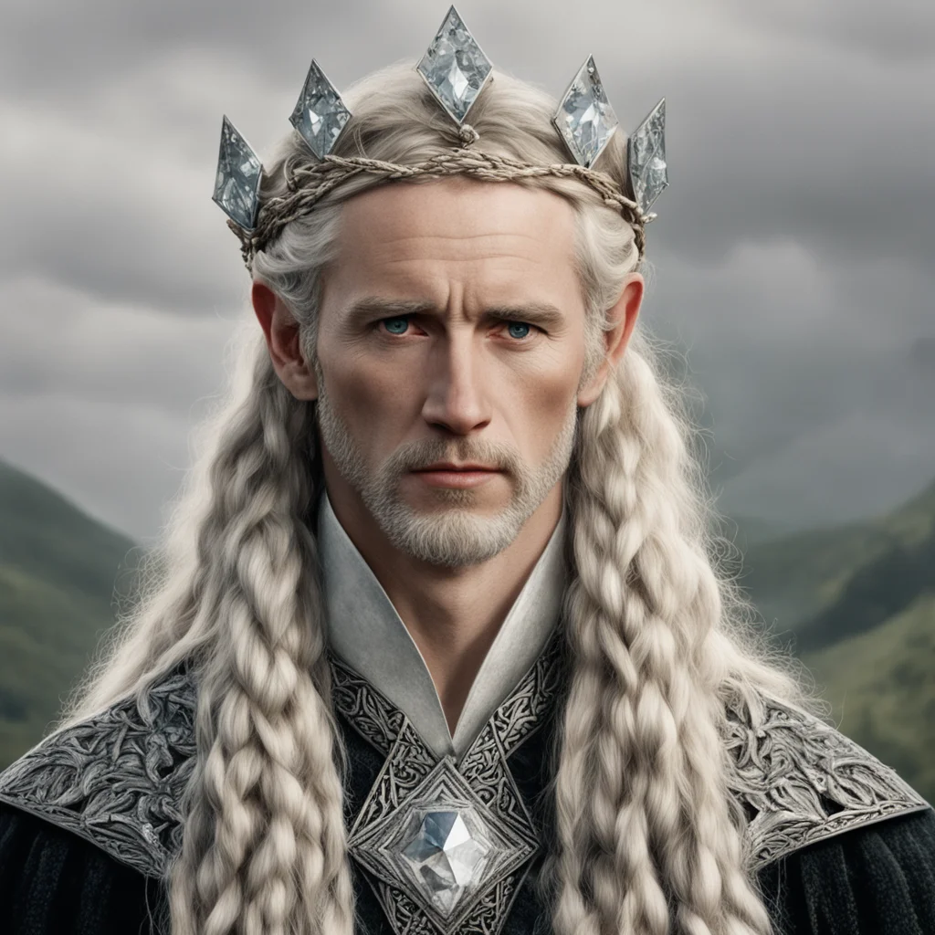 aitolkien king oropher with blond hair with braids wearing silver twig circlet with large diamonds  good looking trending fantastic 1