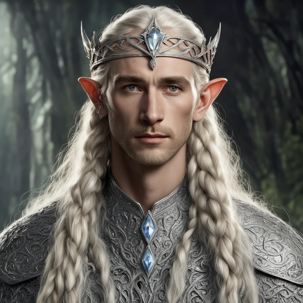 tolkien king oropher with blond hair with braids wearing silver wood elf circlet encrusted with diamonds with large diamond in the center 
