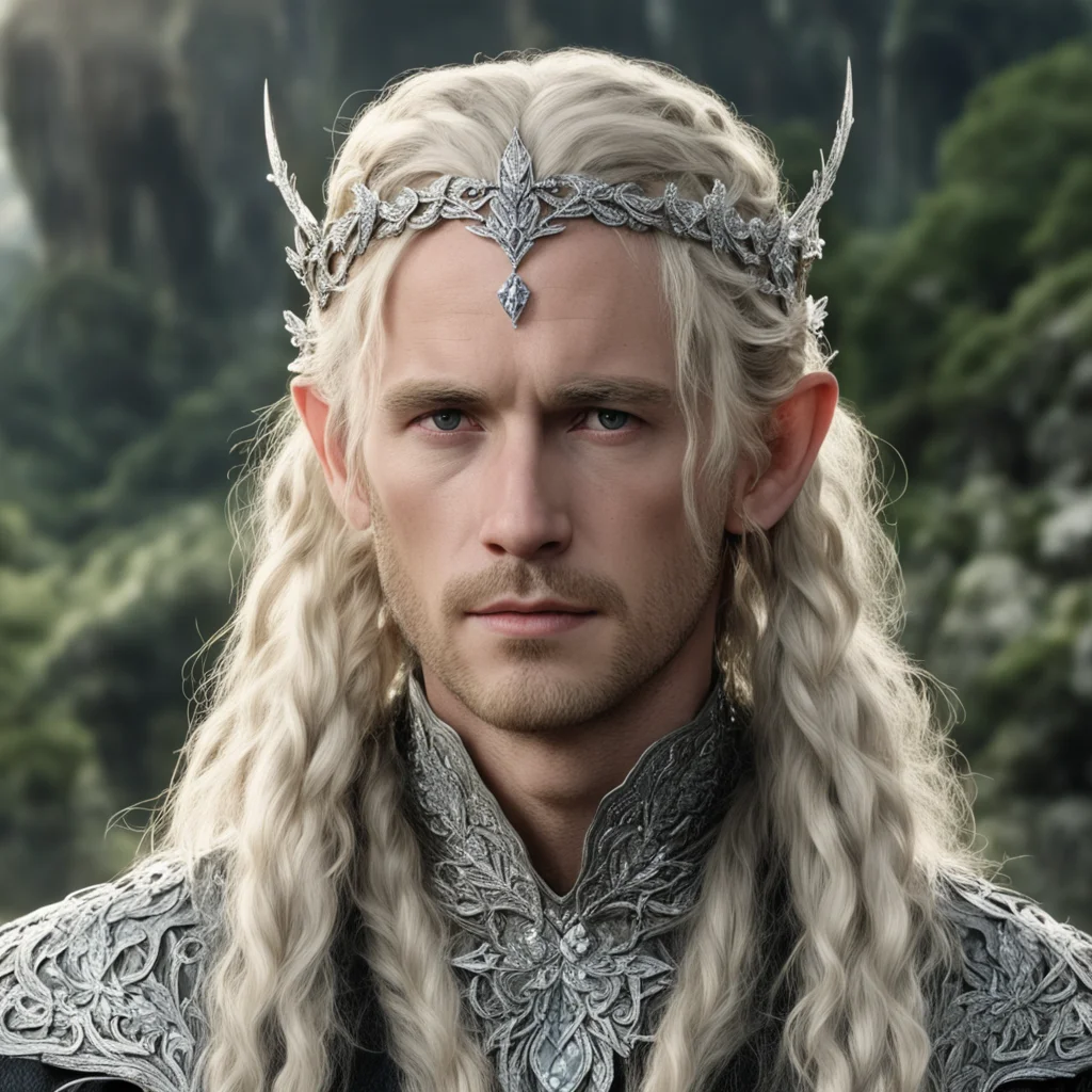 tolkien king oropher with blonde hair and braids wearing silver laurel leaf elvish circlet encrusted with diamonds with large center diamond  amazing awesome portrait 2