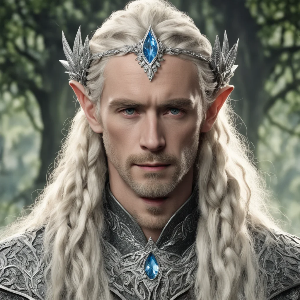 tolkien king oropher with blonde hair and braids wearing silver laurel leaf elvish circlet encrusted with diamonds with large center diamond  confident engaging wow artstation art 3