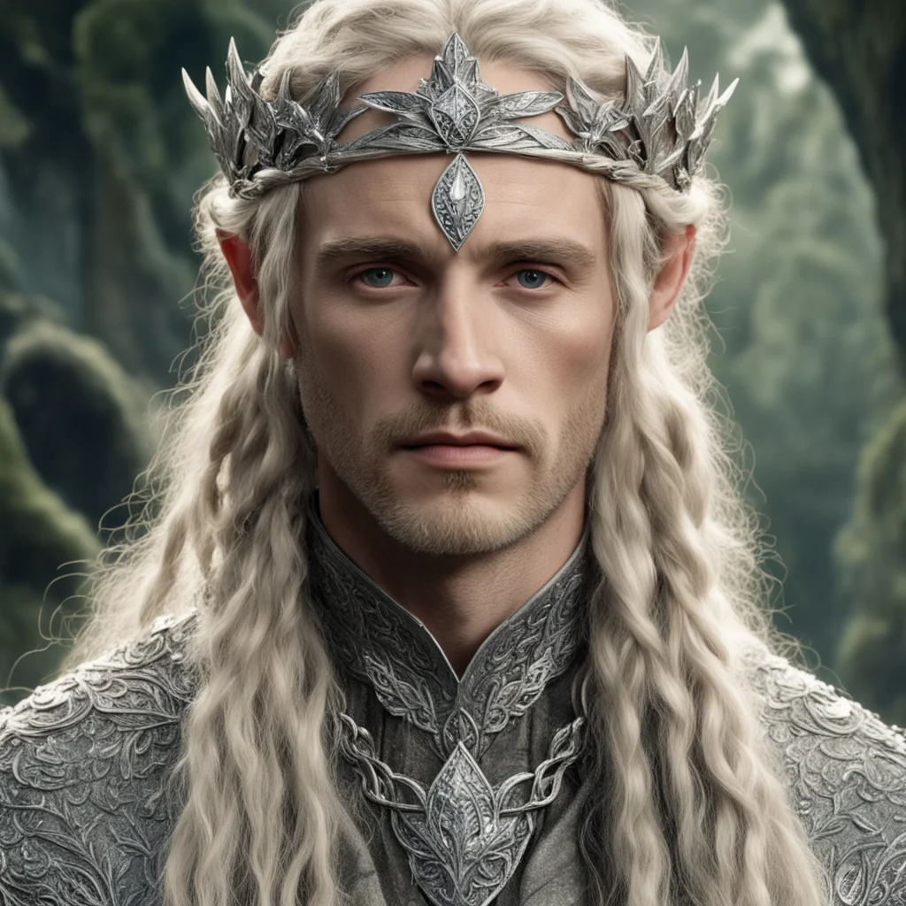 tolkien king oropher with blonde hair and braids wearing silver laurel leaf elvish circlet encrusted with diamonds with large center diamond  good looking trending fantastic 1