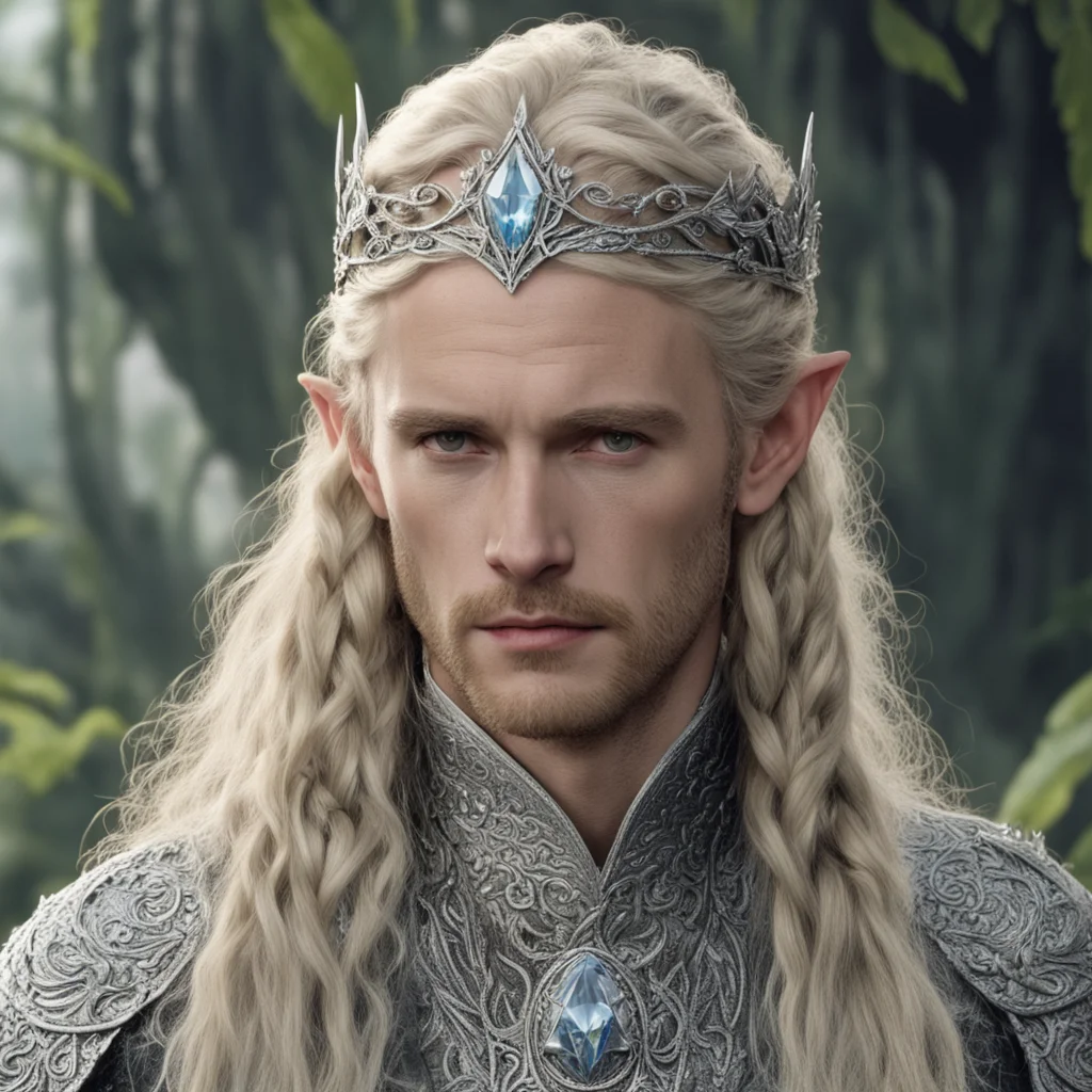 tolkien king oropher with blonde hair and braids wearing silver laurel leaf elvish circlet encrusted with diamonds with large center diamond 