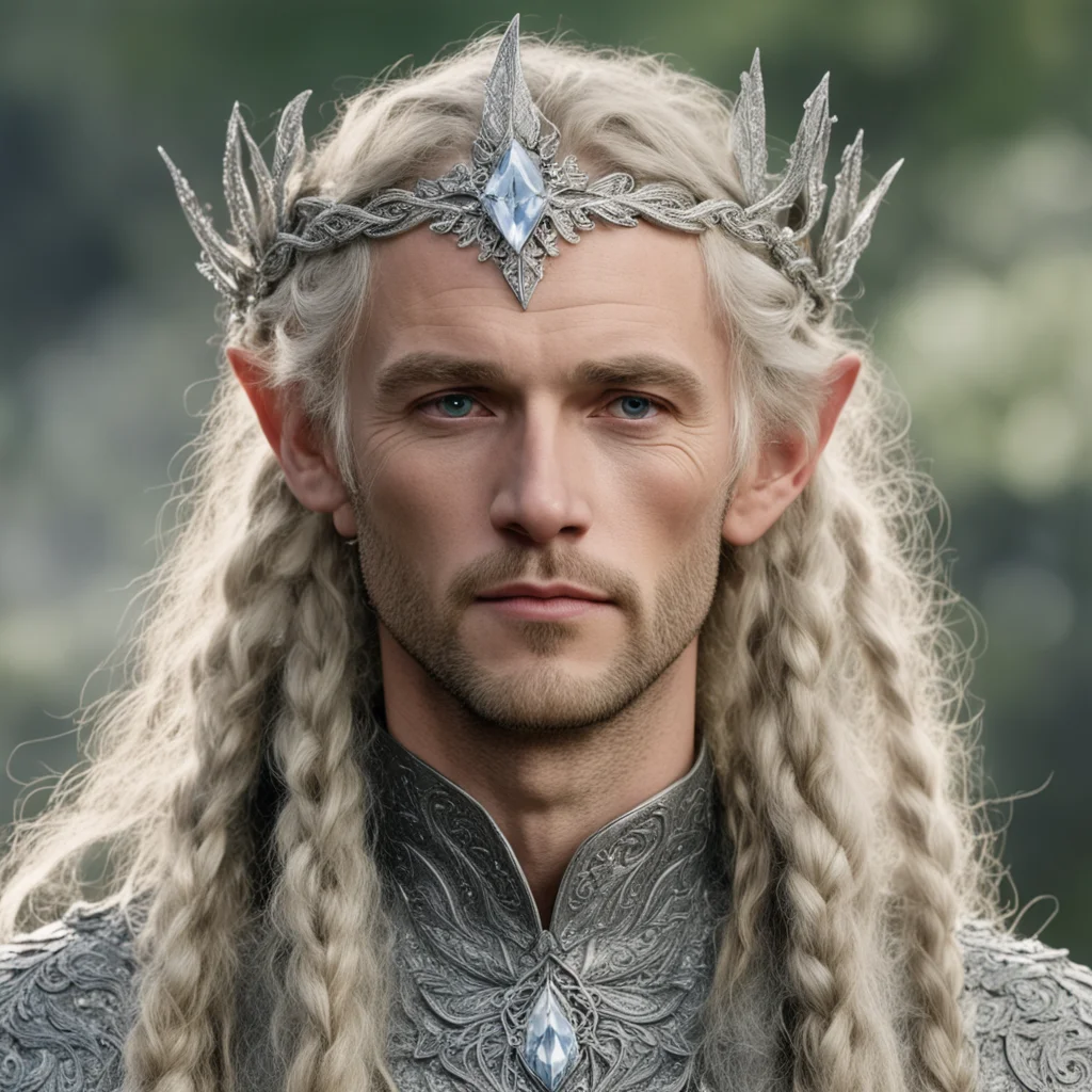 tolkien king oropher with blonde hair and braids wearing silver laurel leaf elvish circlet heavily encrusted with diamonds with large center circular diamond good looking trending fantastic 1