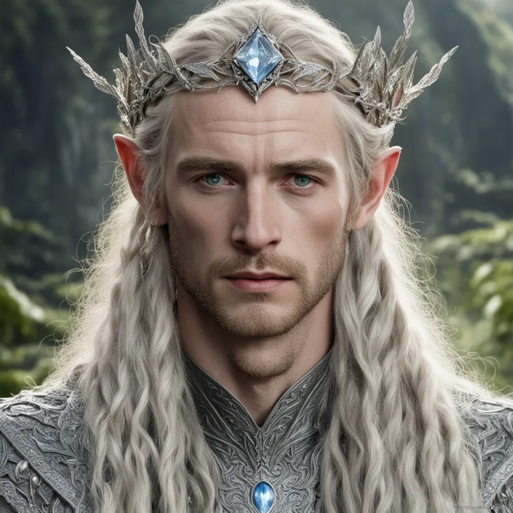 tolkien king oropher with blonde hair and braids wearing silver laurel leaf elvish circlet heavily encrusted with diamonds with large center circular diamond