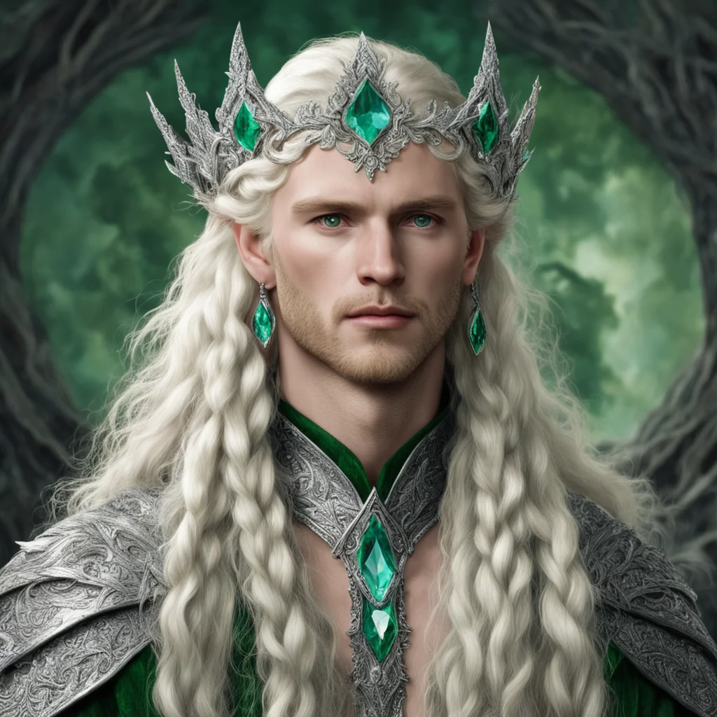 tolkien king oropher with blonde hair and braids wearing silver leaves encrusted with diamonds forming a silver elvish circlet with large green center diamond  amazing awesome portrait 2