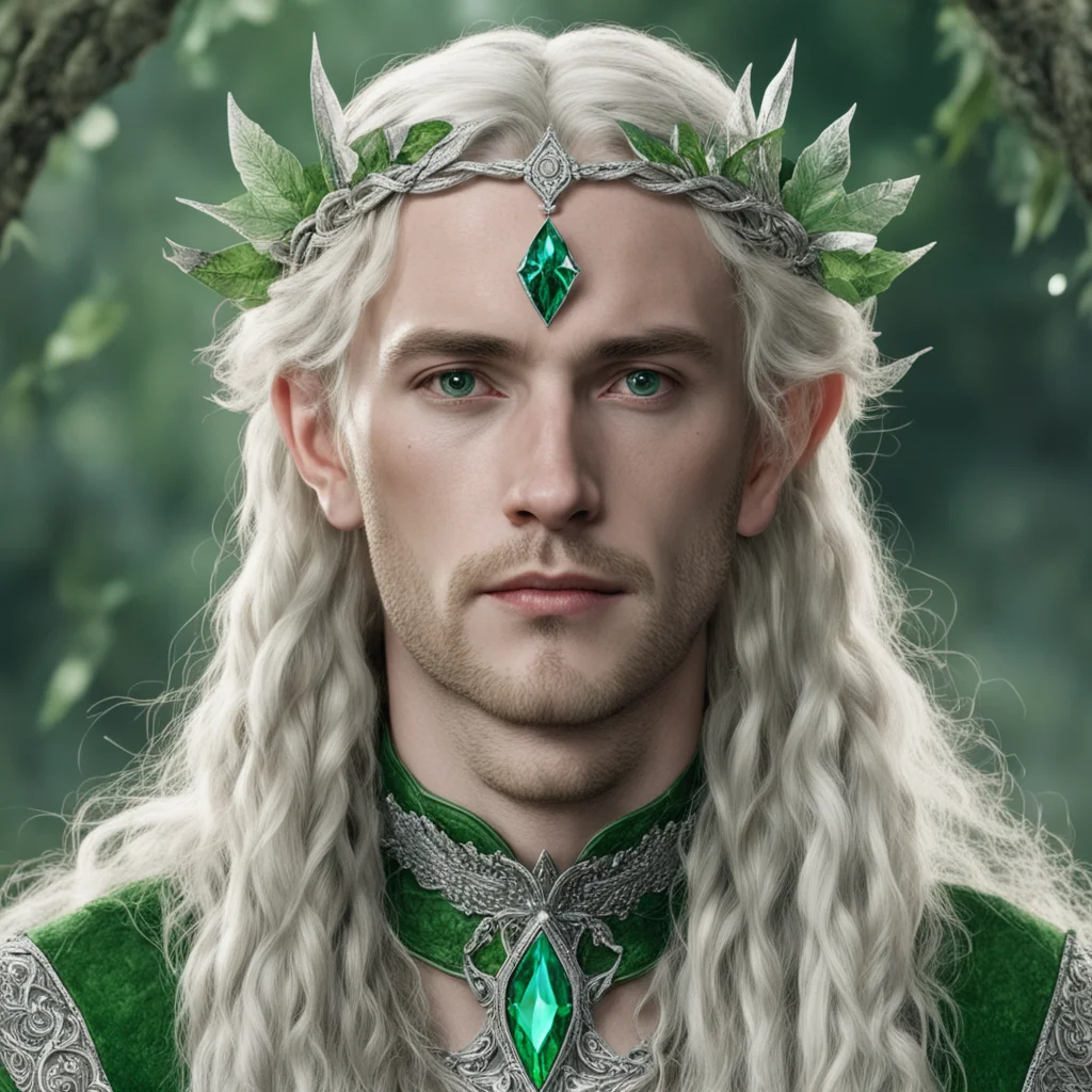 tolkien king oropher with blonde hair and braids wearing silver leaves encrusted with diamonds forming a silver elvish circlet with large green center diamond  good looking trending fantastic 1