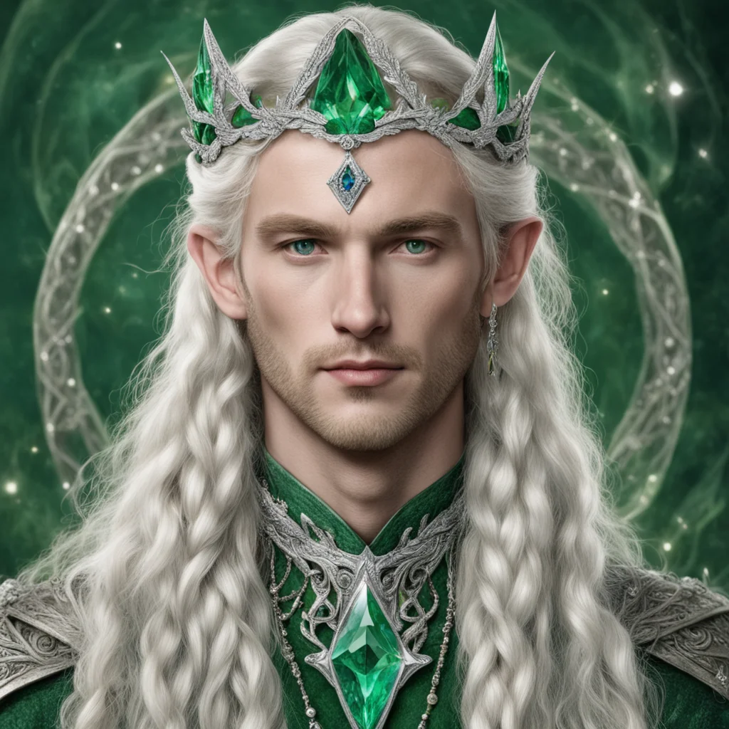 tolkien king oropher with blonde hair and braids wearing silver leaves encrusted with diamonds forming a silver elvish circlet with large green center diamond 