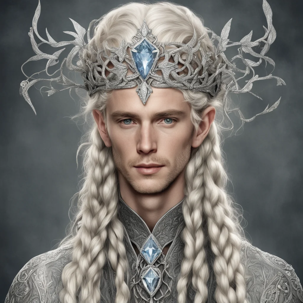 tolkien king oropher with blonde hair and braids wearing silver oak leaf encrusted with diamonds forming a silver serpentine elvish circlet with large center diamond amazing awesome portrait 2