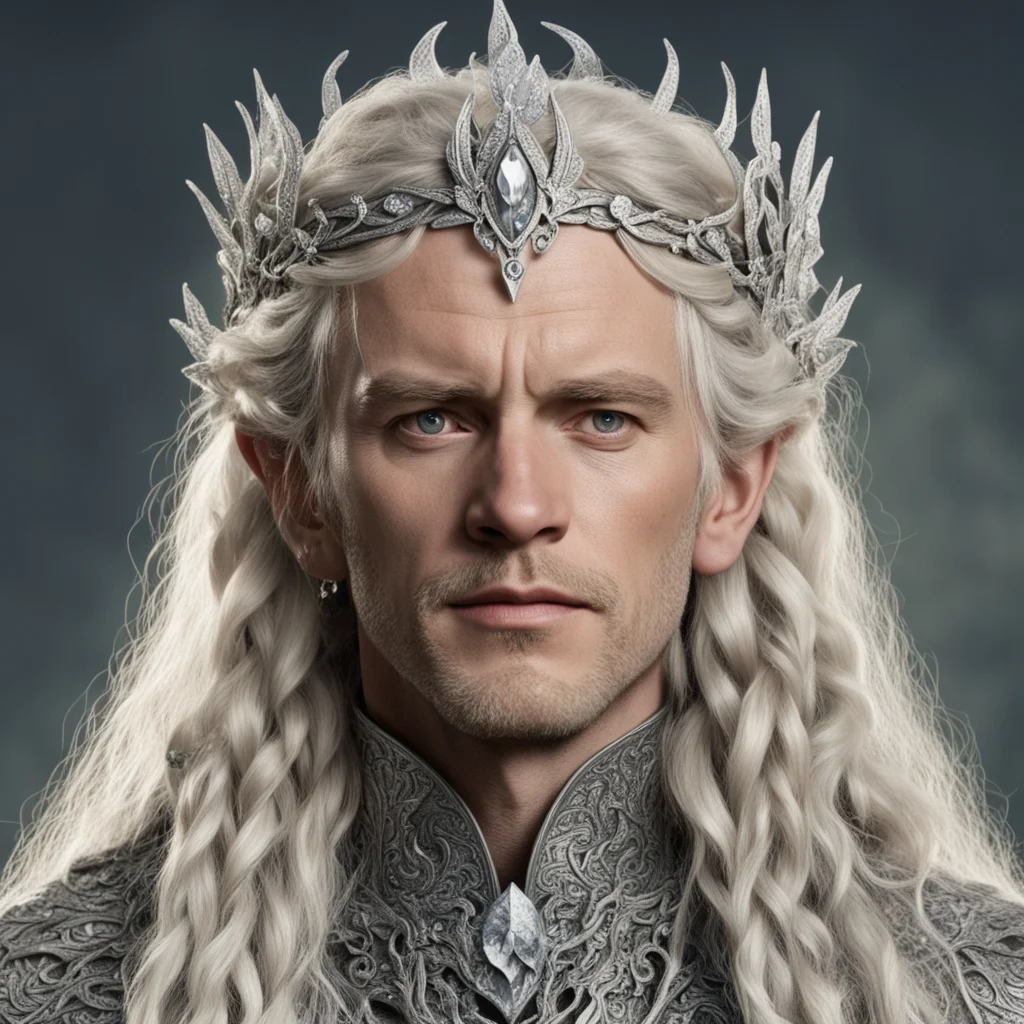 tolkien king oropher with blonde hair and braids wearing silver oak leaf encrusted with diamonds forming a silver serpentine elvish circlet with large center diamond
