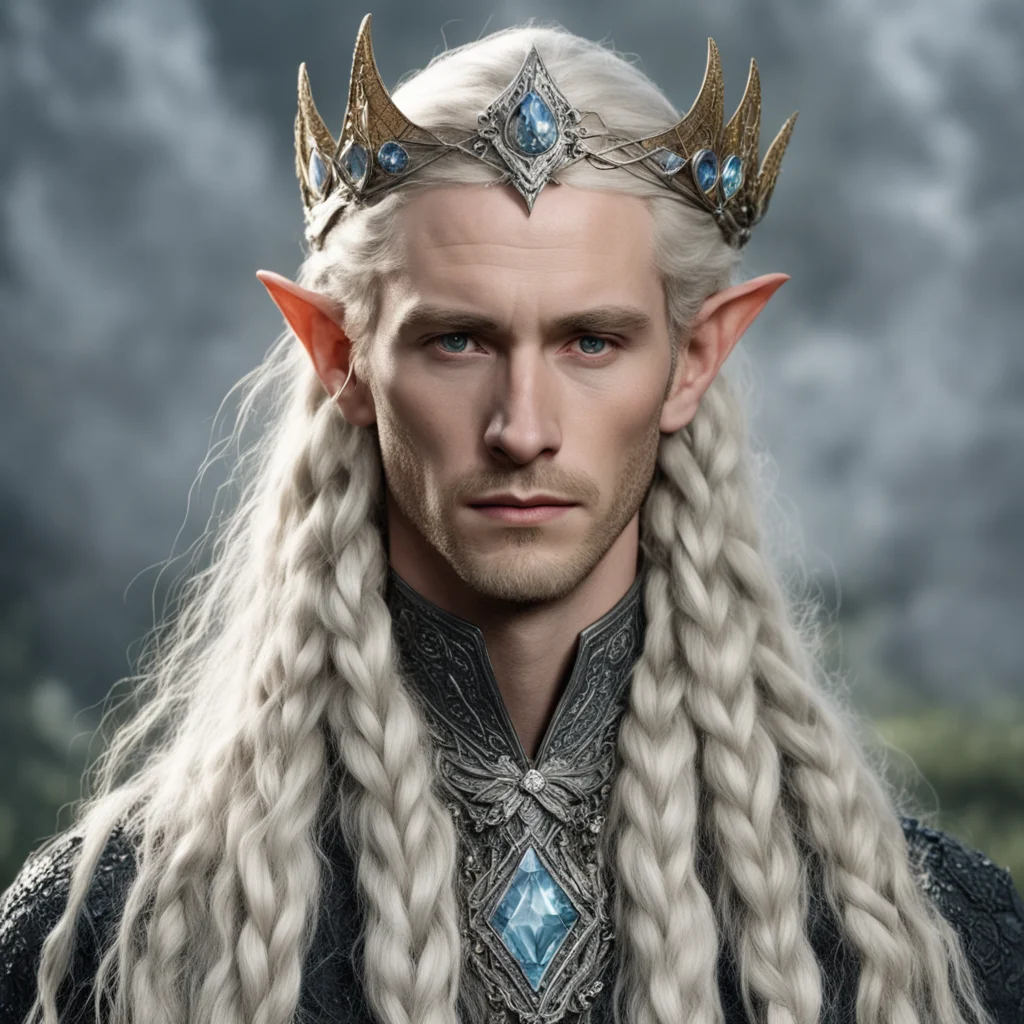 aitolkien king oropher with blonde hair and braids wearing silver serpentine sindarin elvish circlet encrusted with diamonds with large center diamond  amazing awesome portrait 2