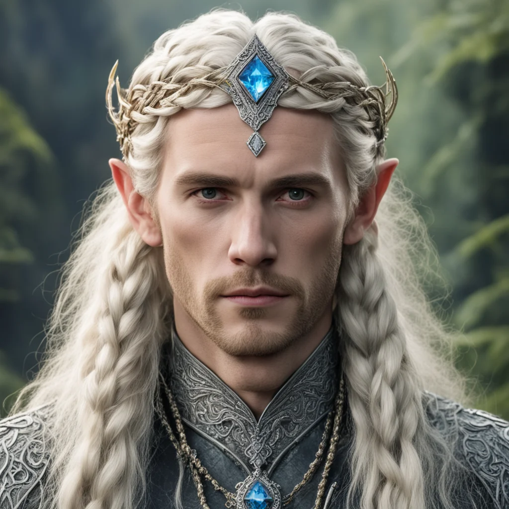 tolkien king oropher with blonde hair and braids wearing silver serpentine sindarin elvish circlet encrusted with diamonds with large center diamond  confident engaging wow artstation art 3