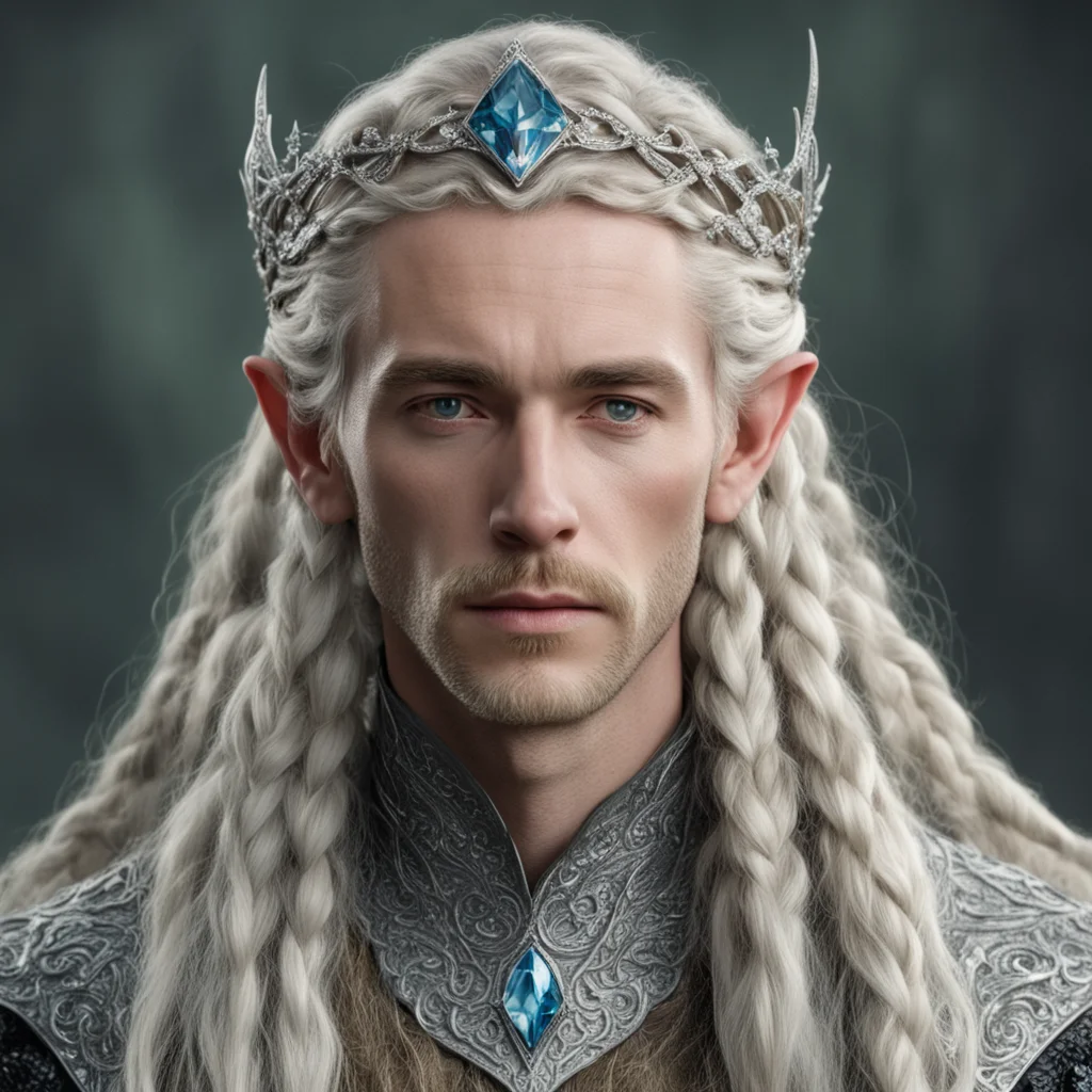 tolkien king oropher with blonde hair and braids wearing silver serpentine sindarin elvish circlet encrusted with diamonds with large center diamond  good looking trending fantastic 1