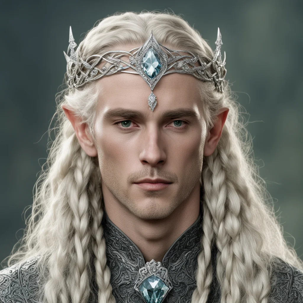 tolkien king oropher with blonde hair and braids wearing silver serpentine sindarin elvish circlet encrusted with diamonds with large center diamond 