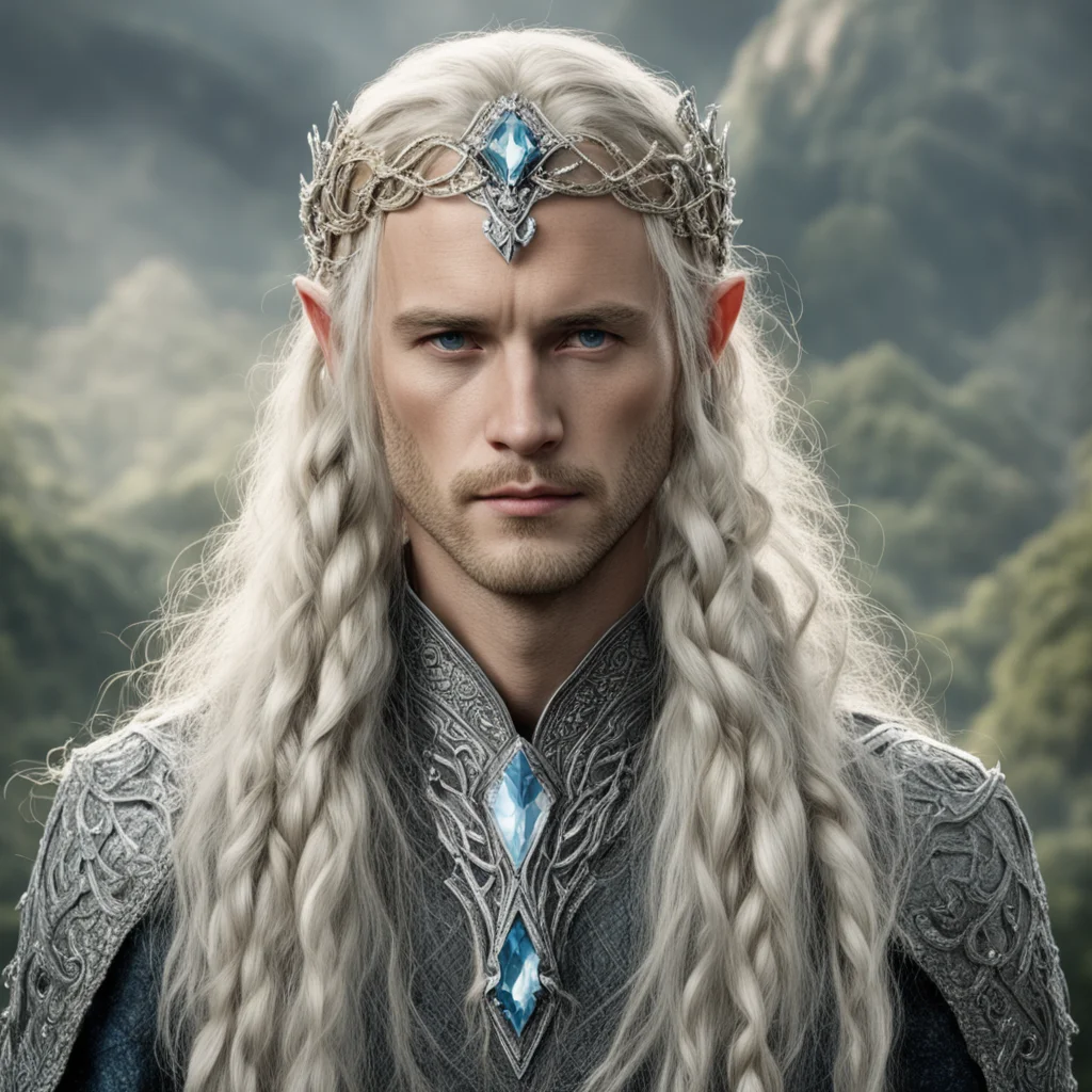 tolkien king oropher with blonde hair and braids wearing silver serpentine sindarin elvish circlet encrusted with diamonds with large center diamond amazing awesome portrait 2