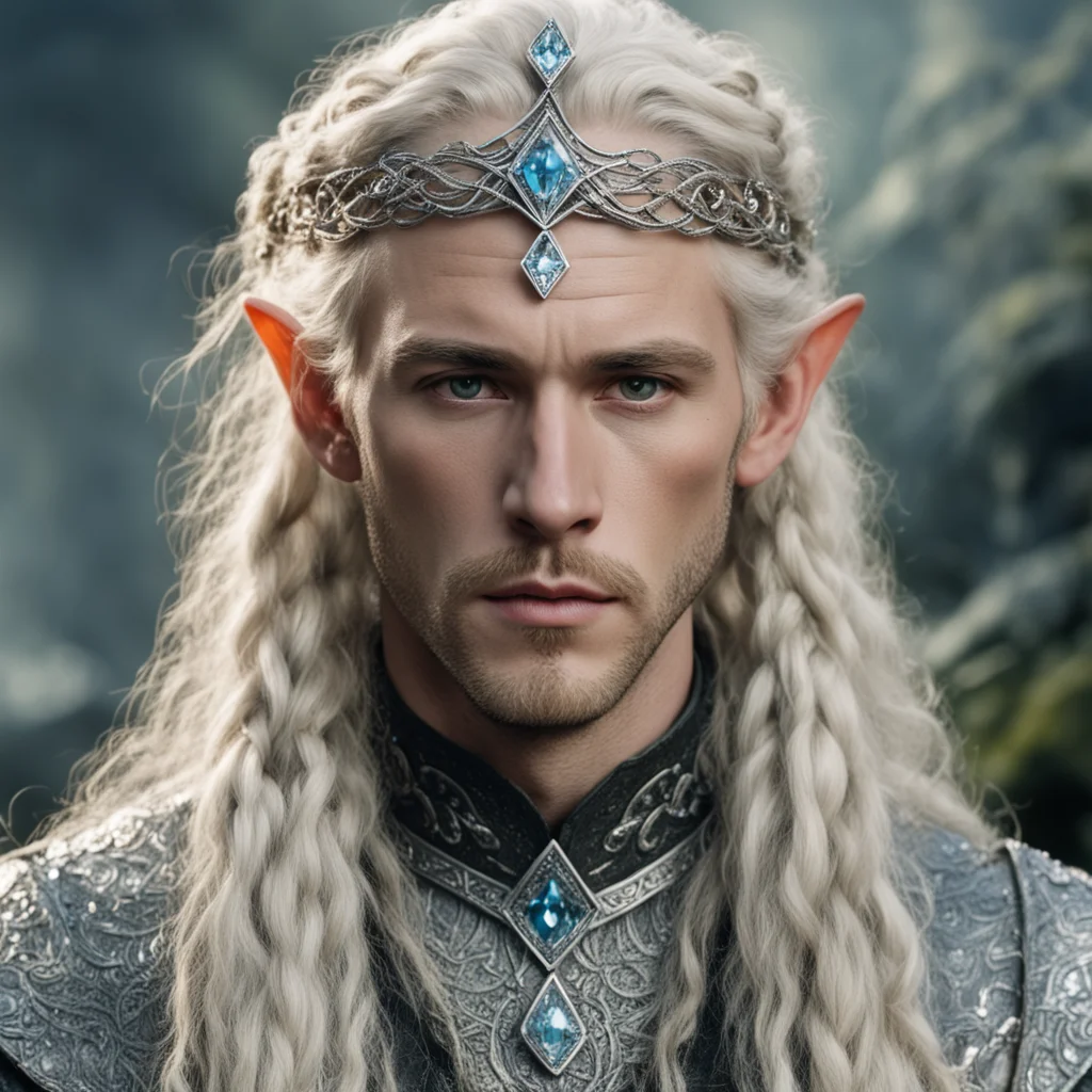 aitolkien king oropher with blonde hair and braids wearing silver serpentine sindarin elvish circlet encrusted with diamonds with large center diamond good looking trending fantastic 1