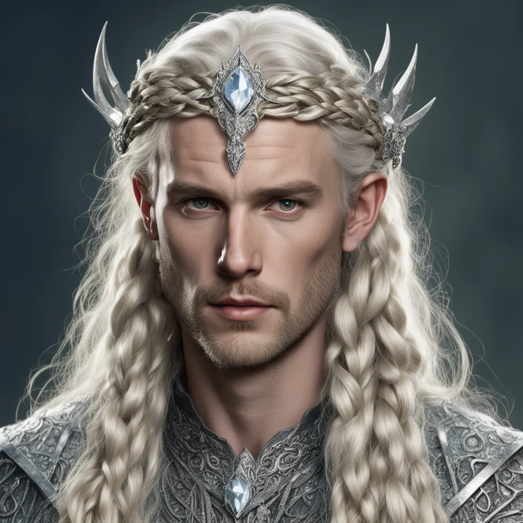 tolkien king oropher with blonde hair and braids wearing silver serpentine sindarin elvish circlet encrusted with diamonds with large center diamond