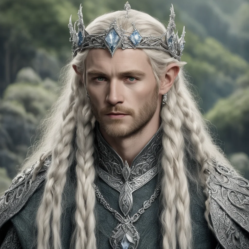 tolkien king oropher with blonde hair and braids wearing silver serpentine sindarin elvish coronet encrusted with diamonds with large center diamond amazing awesome portrait 2