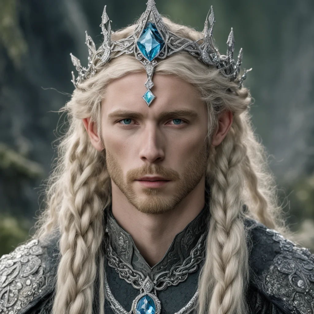 tolkien king oropher with blonde hair and braids wearing silver serpentine sindarin elvish coronet encrusted with diamonds with large center diamond confident engaging wow artstation art 3
