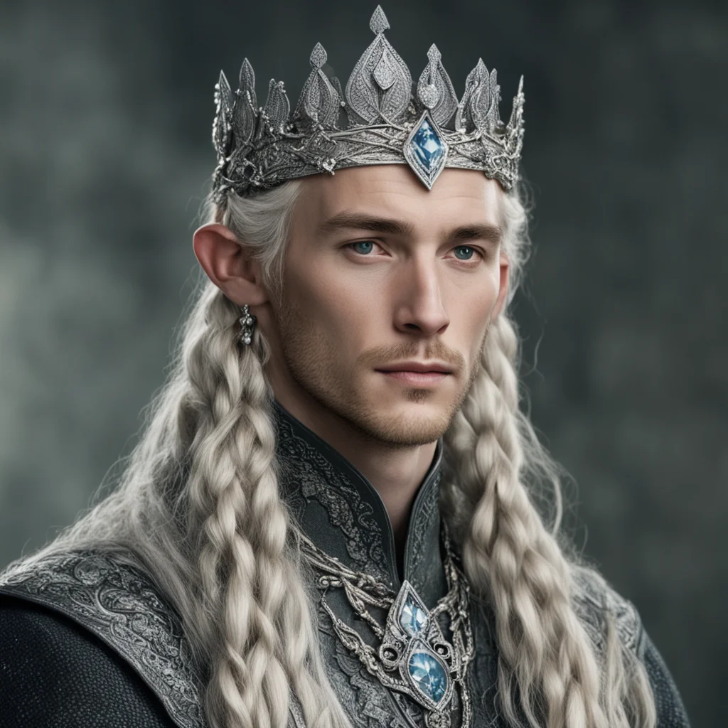 aitolkien king oropher with blonde hair and braids wearing silver serpentine sindarin elvish coronet encrusted with diamonds with large center diamond good looking trending fantastic 1