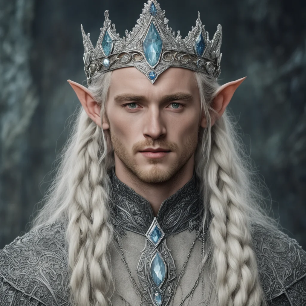 tolkien king oropher with blonde hair and braids wearing silver serpentine sindarin elvish coronet encrusted with diamonds with large center diamond