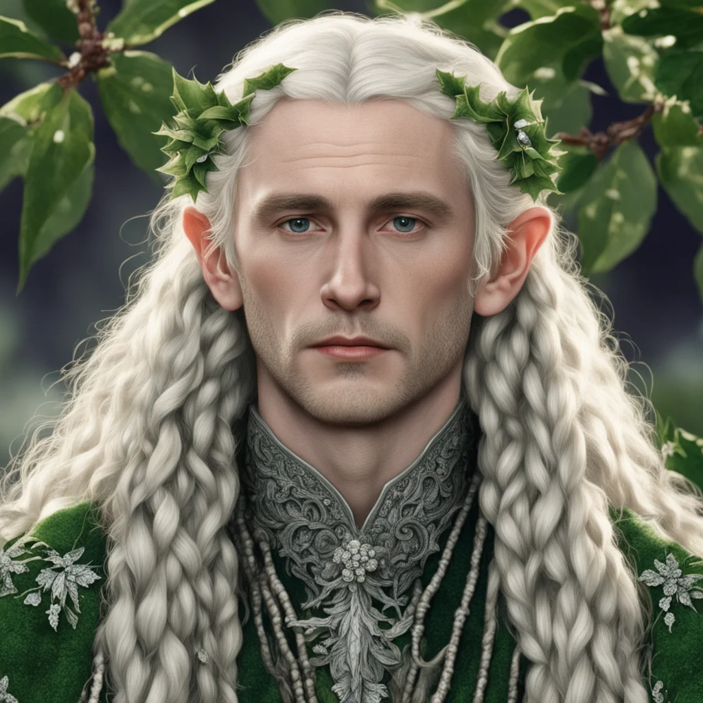 tolkien king oropher with blonde hair with braids wearing holly leaves made of silver and berries made of diamonds confident engaging wow artstation art 3