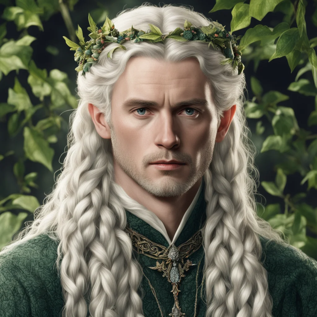 tolkien king oropher with blonde hair with braids wearing holly leaves made of silver and berries made of diamonds good looking trending fantastic 1