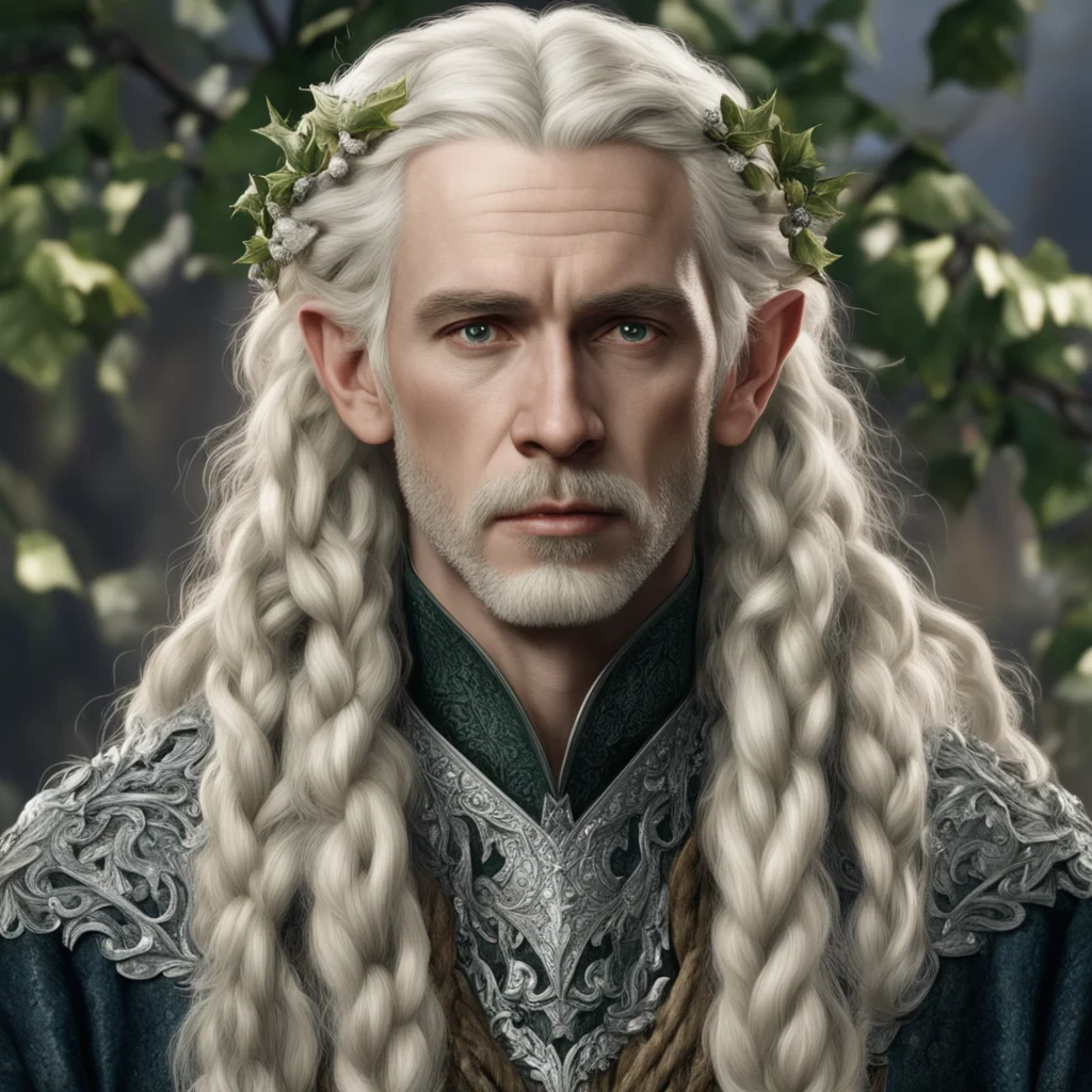 aitolkien king oropher with blonde hair with braids wearing silver holly leaves and berries made from diamonds amazing awesome portrait 2