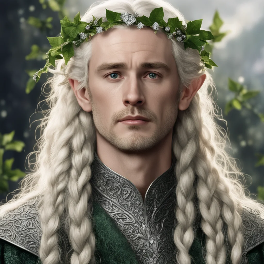 tolkien king oropher with blonde hair with braids wearing silver holly leaves and berries made from diamonds good looking trending fantastic 1