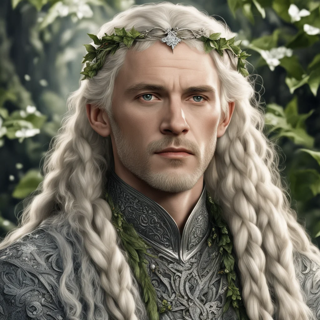 tolkien king oropher with blonde hair with braids wearing silver holly leaves with berries made from diamonds confident engaging wow artstation art 3