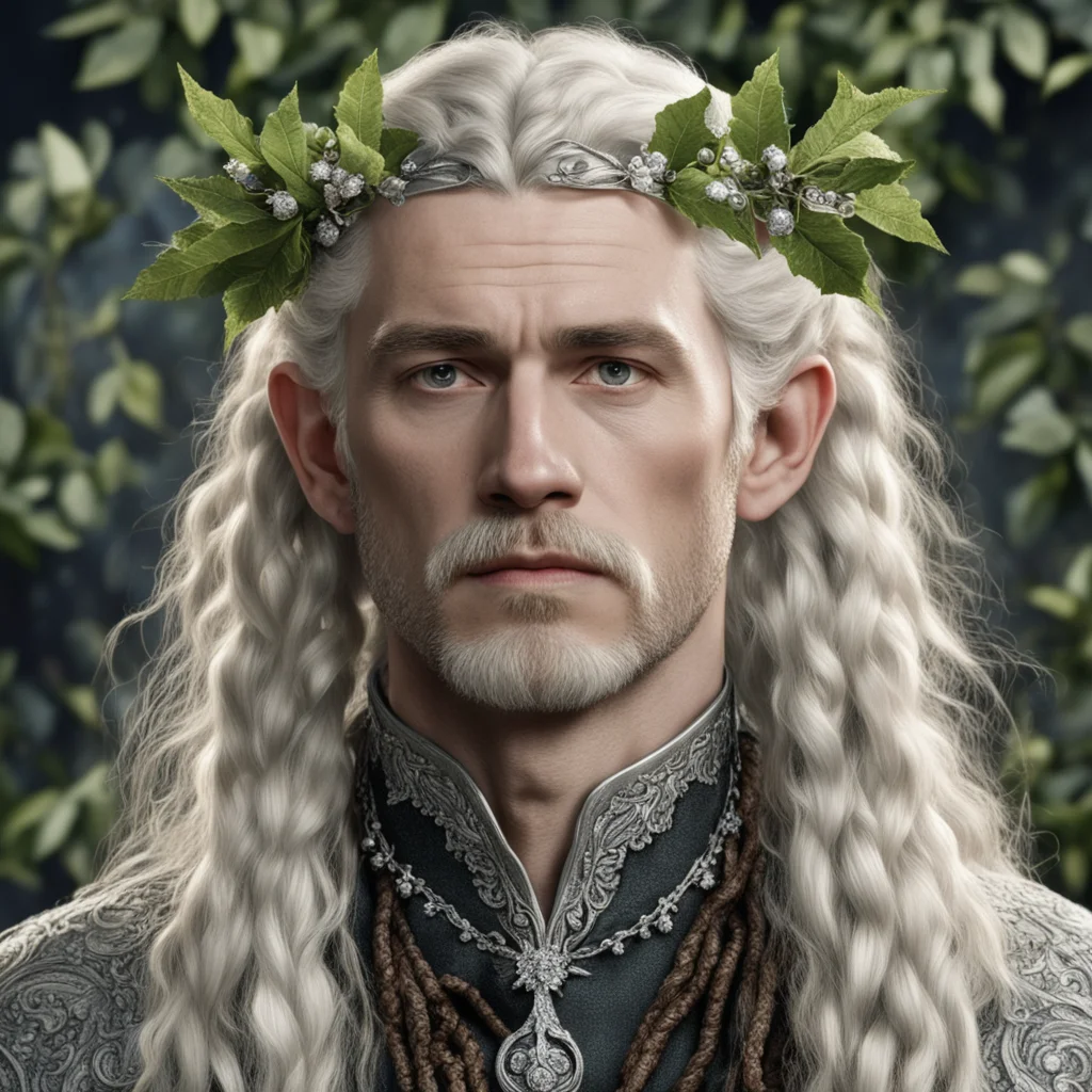 tolkien king oropher with blonde hair with braids wearing silver holly leaves with berries made from diamonds good looking trending fantastic 1